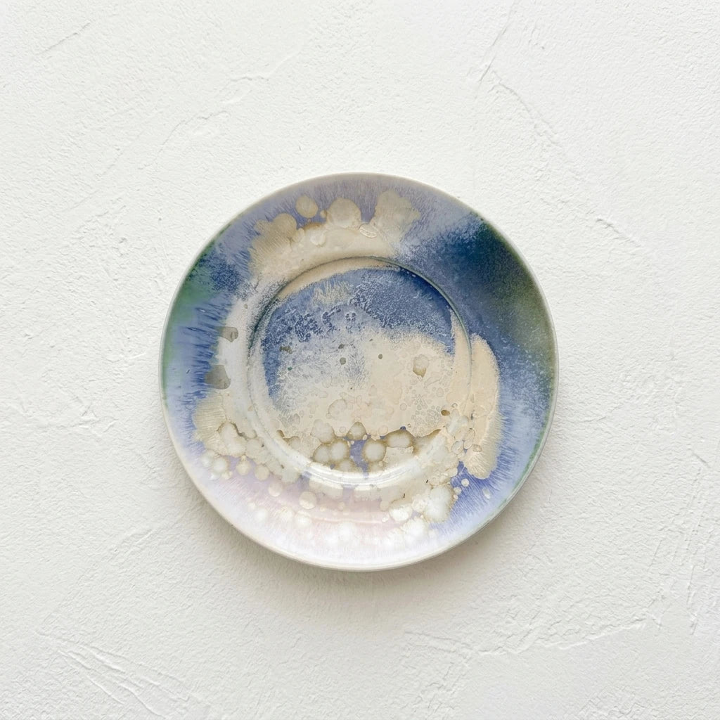 Handmade Kiln-Transformed Glaze Saucer - White Texture Background