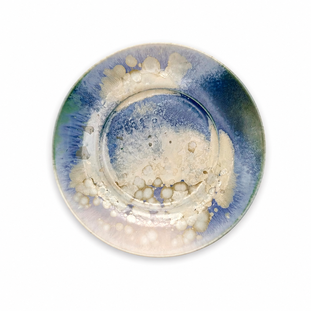 Handmade Kiln-Transformed Glaze Saucer — front on white background