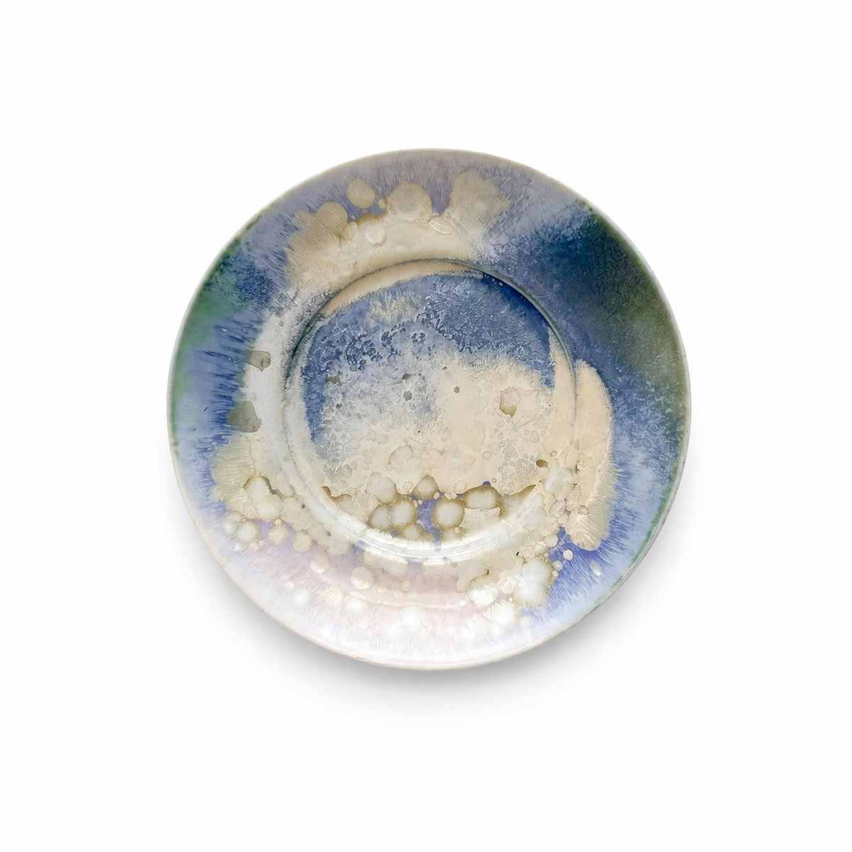 Handmade Kiln-Transformed Glaze Saucer — angled front on white background
