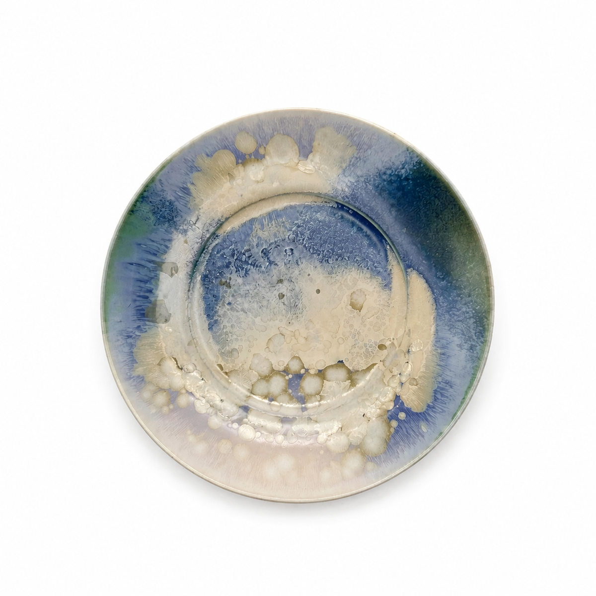 Handmade Kiln-Transformed Glaze Saucer — front detail on white background